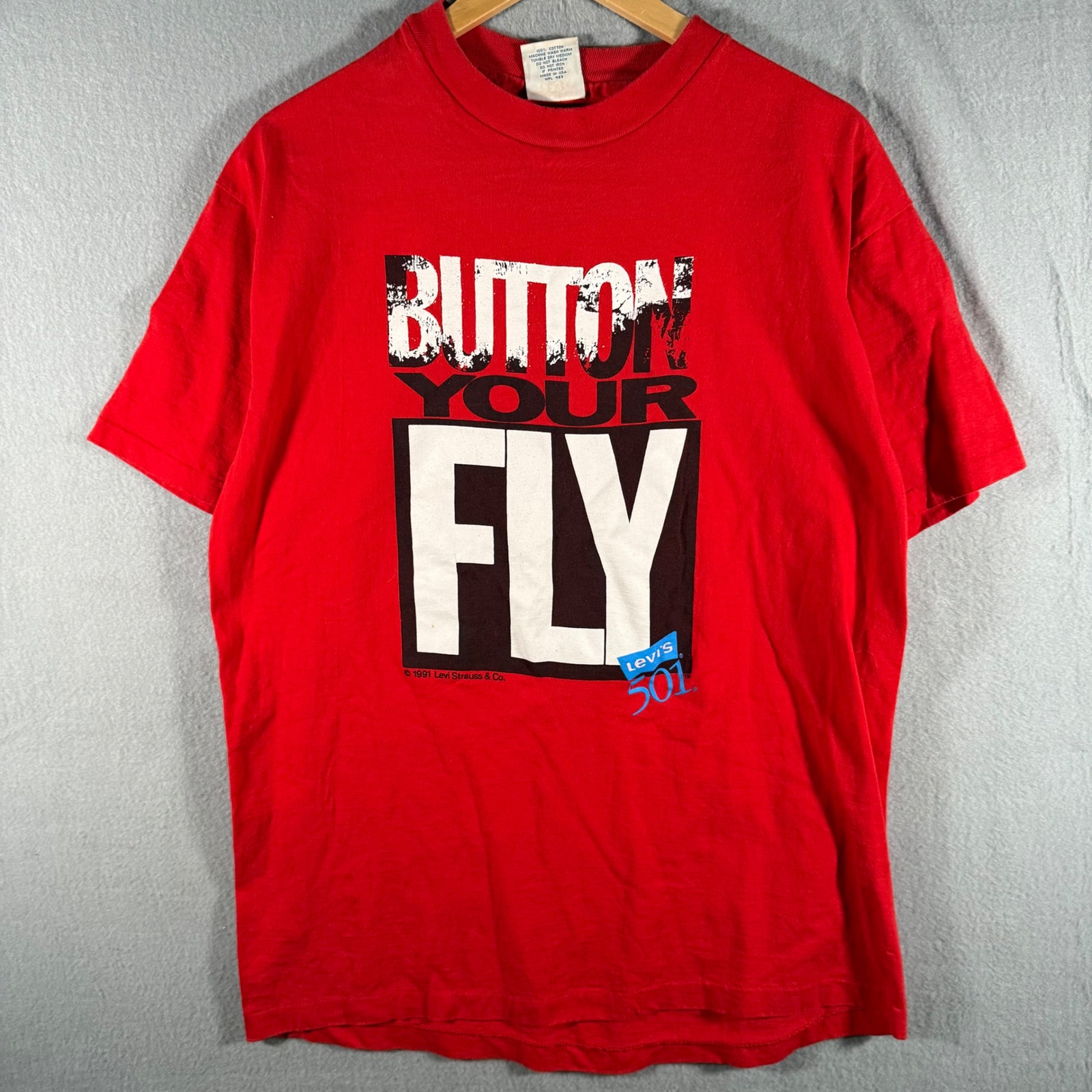 Vintage 1991 Levis 501 Button Your Fly Graphic TShirt Red Mens Large